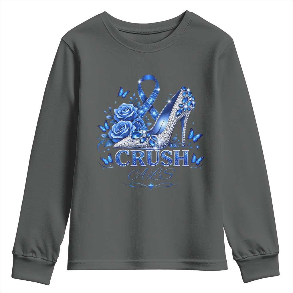 ALS Awareness Youth Sweatshirt Blue Ribbon Women Crush ALS TS10 Dark Heather Print Your Wear