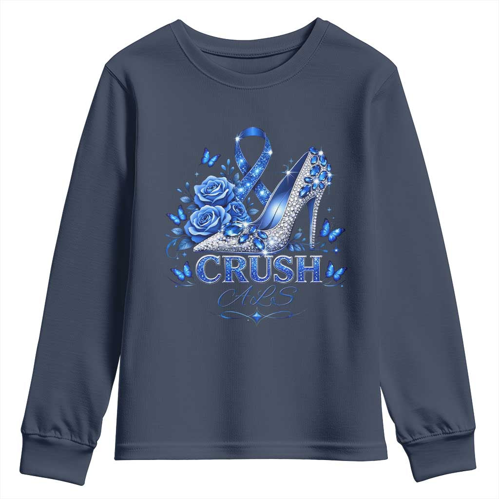 ALS Awareness Youth Sweatshirt Blue Ribbon Women Crush ALS TS10 Navy Print Your Wear