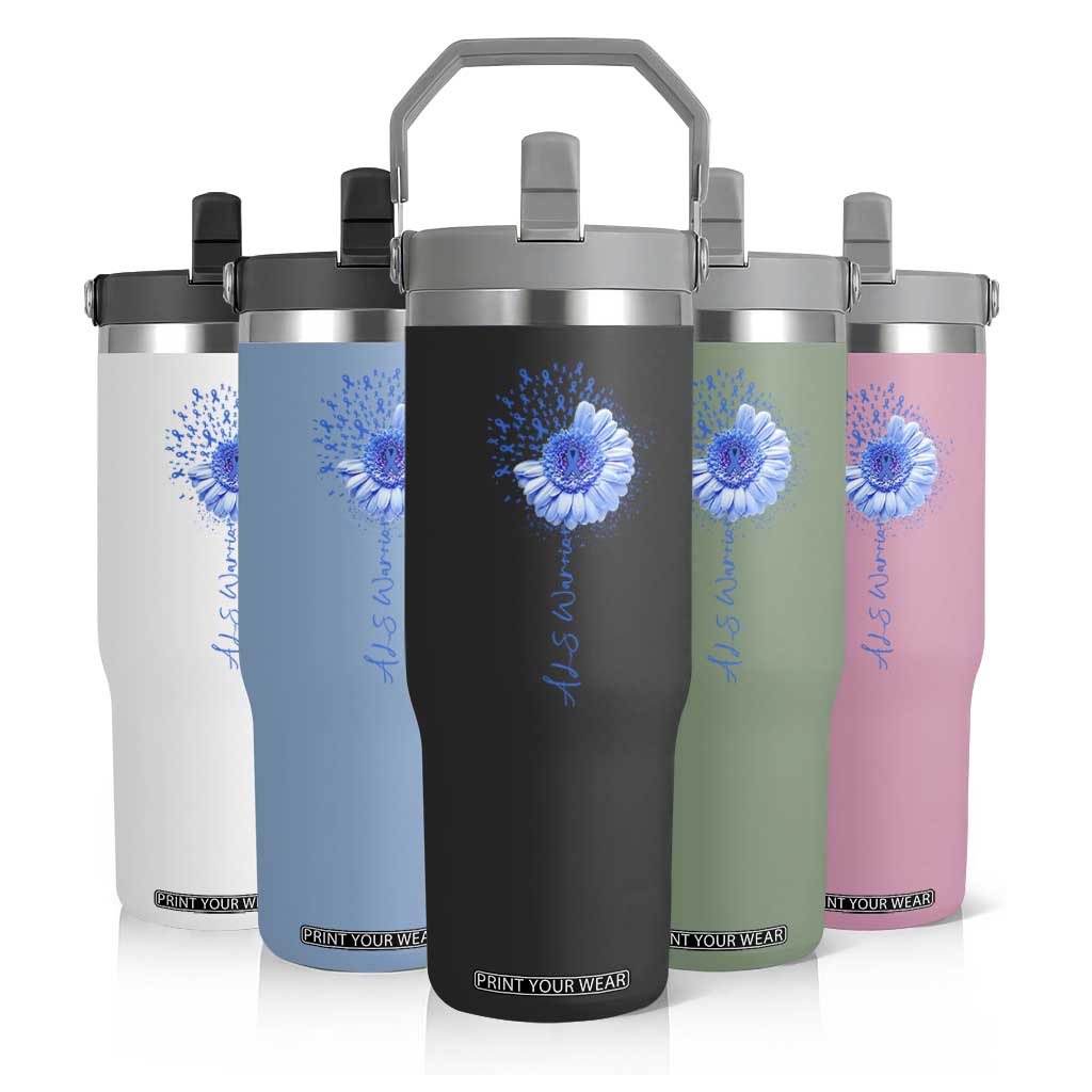 ALS Awareness Flip Straw Tumbler Blue Ribbon Sunflower ALS Warrior TS10 Print Your Wear