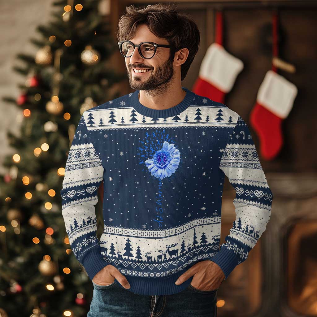 ALS Awareness Ugly Christmas Sweater Blue Ribbon Sunflower ALS Warrior TS10 Navy Beige Print Your Wear