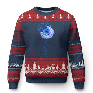 ALS Awareness Ugly Christmas Sweater Blue Ribbon Sunflower ALS Warrior TS10 Navy Red Print Your Wear