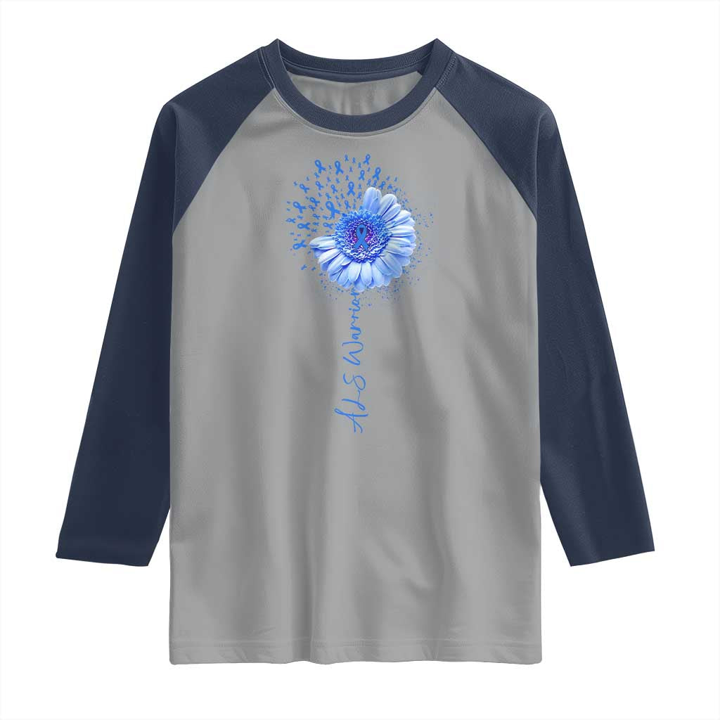 ALS Awareness Raglan Shirt Blue Ribbon Sunflower ALS Warrior TS10 Sport Gray Navy Print Your Wear