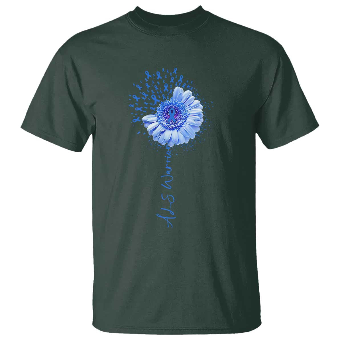 ALS Awareness T Shirt Blue Ribbon Sunflower ALS Warrior TS10 Dark Forest Green Print Your Wear