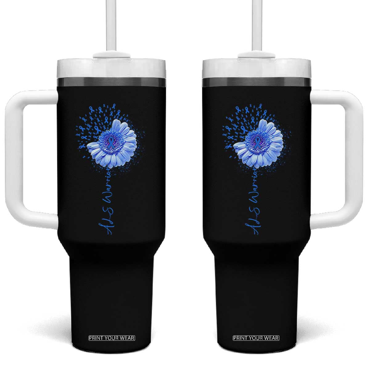 ALS Awareness Tumbler With Handle Blue Ribbon Sunflower ALS Warrior TS10 One Size: 40 oz Black Print Your Wear
