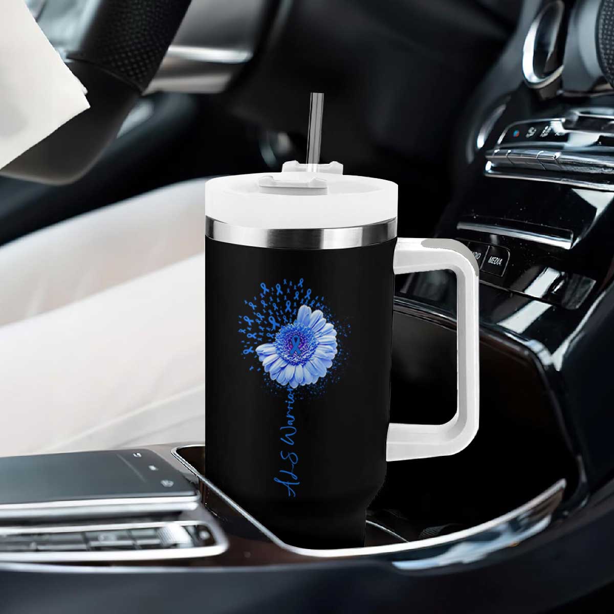 ALS Awareness Tumbler With Handle Blue Ribbon Sunflower ALS Warrior TS10 Print Your Wear