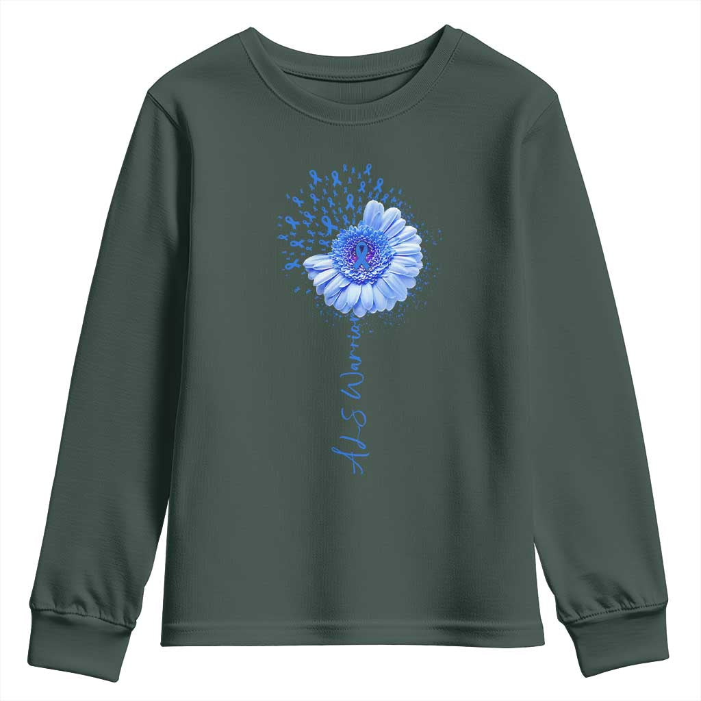 ALS Awareness Youth Sweatshirt Blue Ribbon Sunflower ALS Warrior TS10 Dark Forest Green Print Your Wear