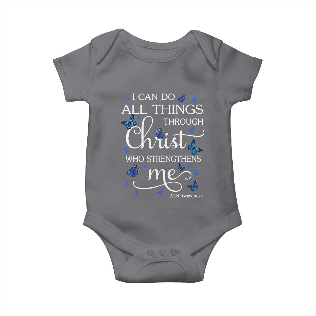 ALS Awareness Baby Onesie I Can Do All Things Through Christ Butterfly Bible Verse Motivational TS10 Charcoal Print Your Wear