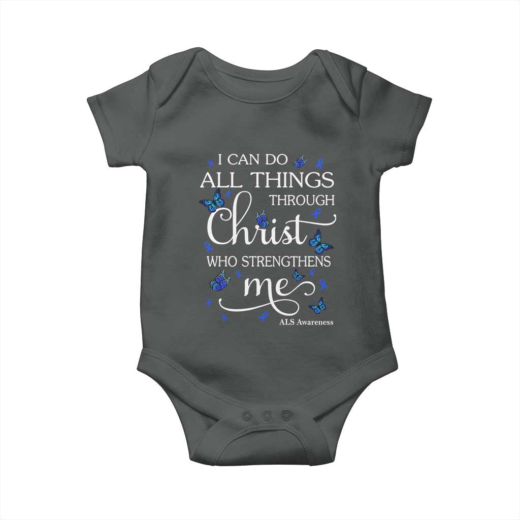 ALS Awareness Baby Onesie I Can Do All Things Through Christ Butterfly Bible Verse Motivational TS10 Dark Heather Print Your Wear