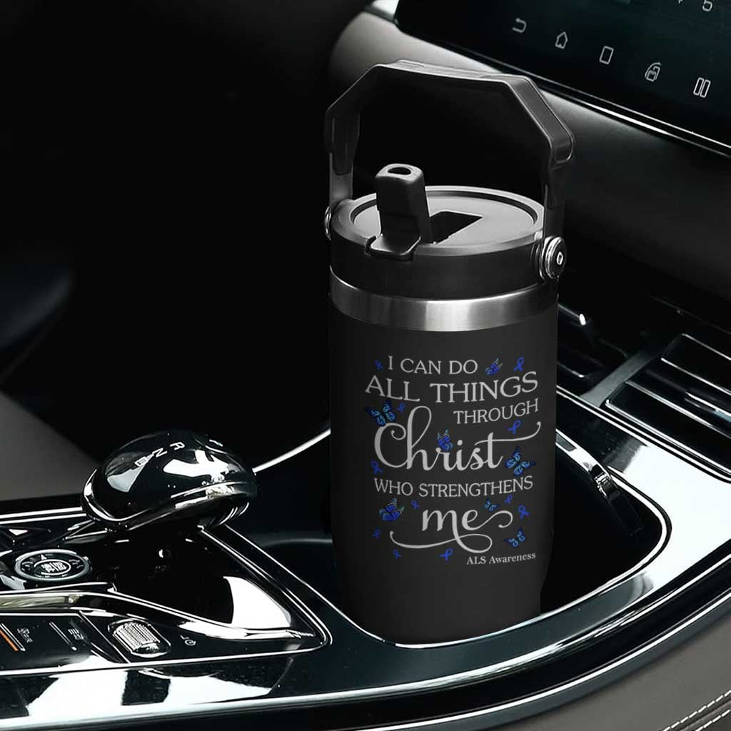 ALS Awareness Flip Straw Tumbler I Can Do All Things Through Christ Butterfly Bible Verse Motivational TS10 Print Your Wear