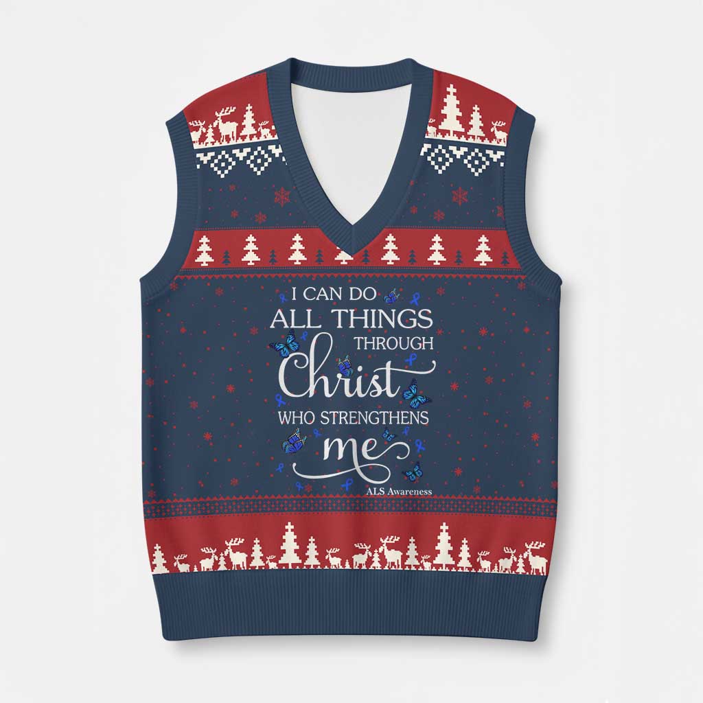 ALS Awareness V-Neck Knit Sweater Vest I Can Do All Things Through Christ Butterfly Bible Verse Motivational TS10 Navy Red Print Your Wear