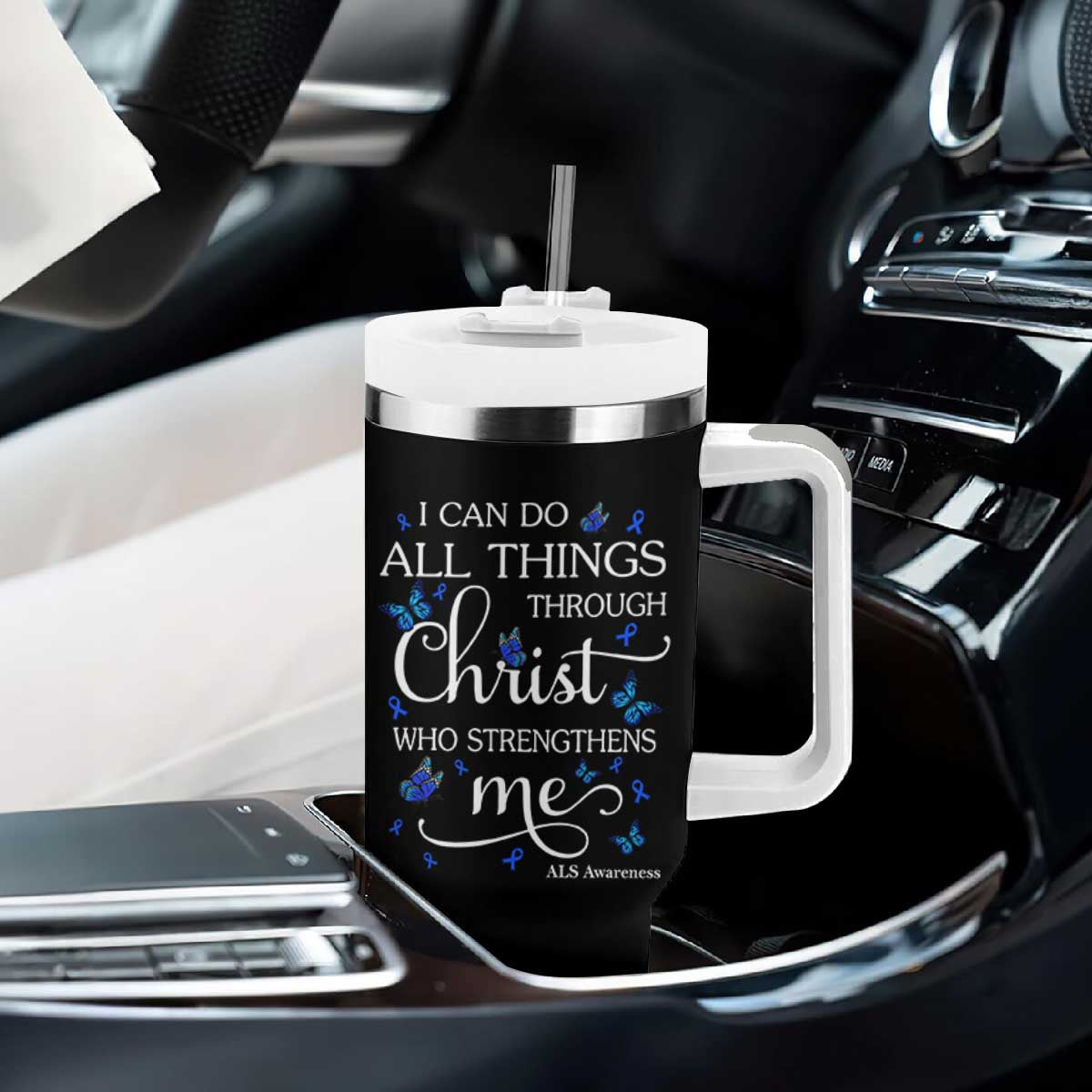ALS Awareness Tumbler With Handle I Can Do All Things Through Christ Butterfly Bible Verse Motivational TS10 Print Your Wear