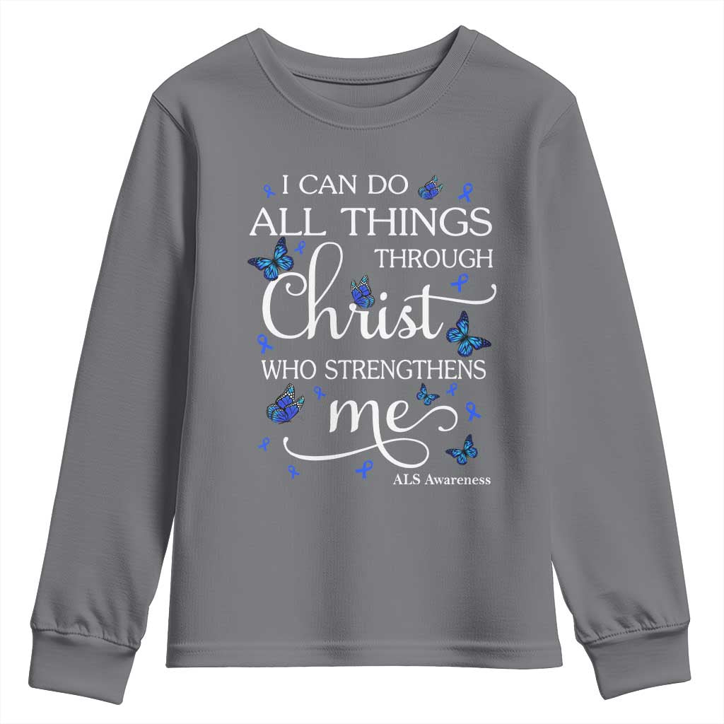 ALS Awareness Youth Sweatshirt I Can Do All Things Through Christ Butterfly Bible Verse Motivational TS10 Charcoal Print Your Wear