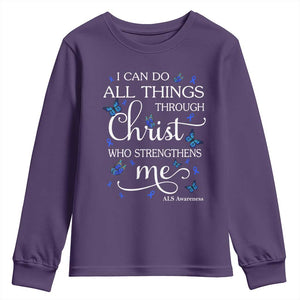 ALS Awareness Youth Sweatshirt I Can Do All Things Through Christ Butterfly Bible Verse Motivational TS10 Purple Print Your Wear