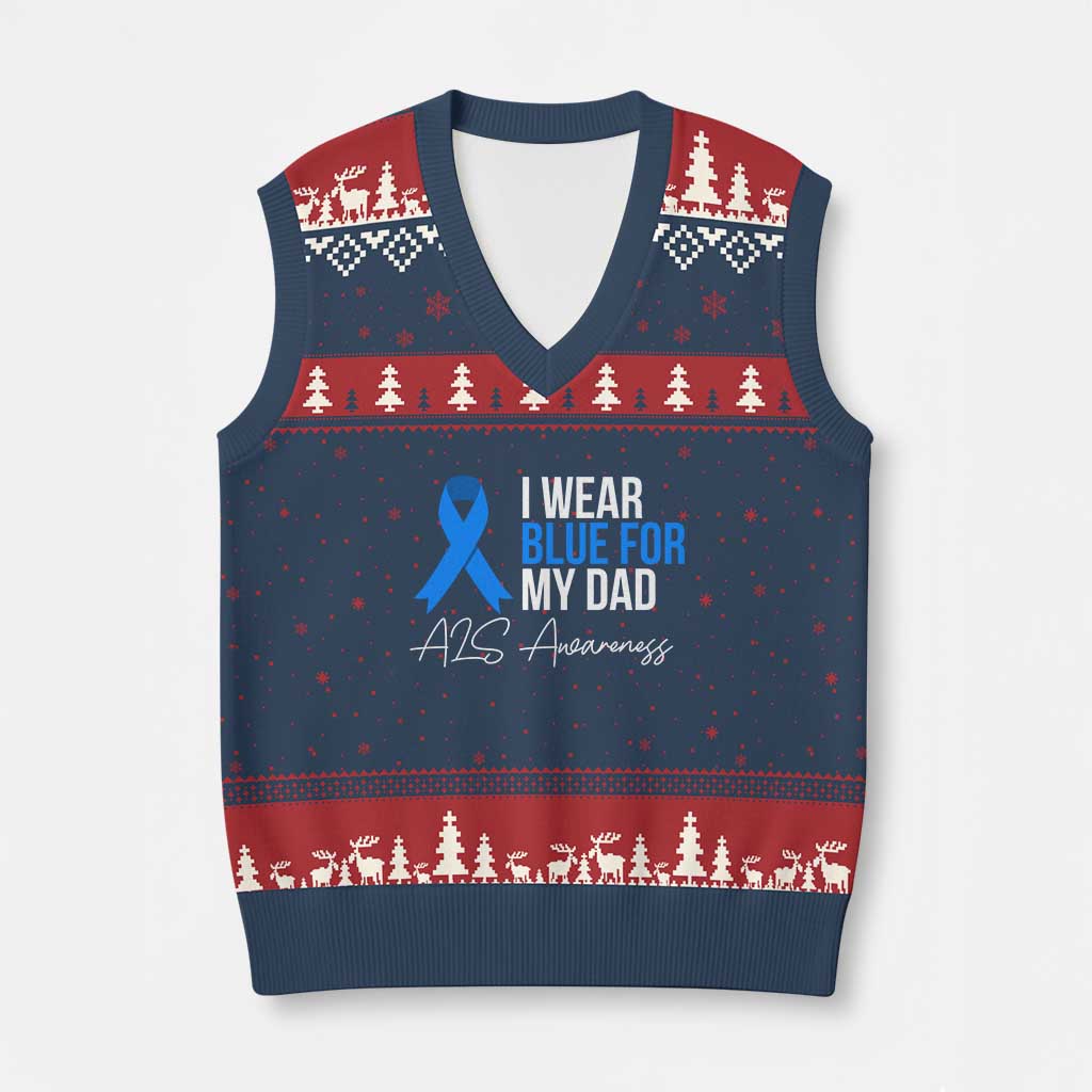I Wear Blue For My Dad ALS Awareness V-Neck Knit Sweater Vest TS10 Navy Red Print Your Wear