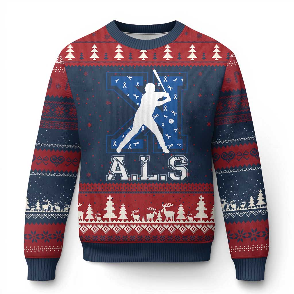 ALS Awareness Ugly Christmas Sweater Baseball Strike Out ALS Support TS10 Navy Red Print Your Wear