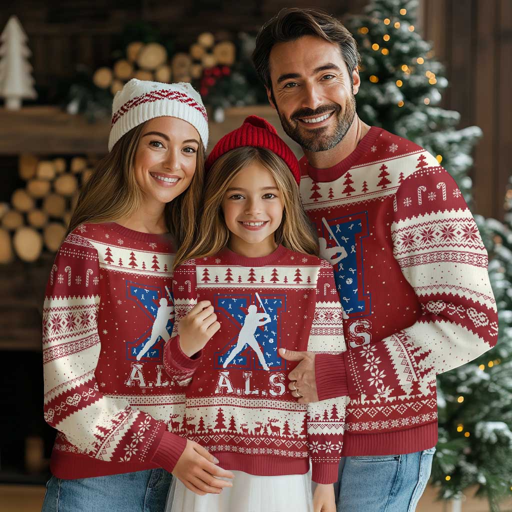 ALS Awareness Ugly Christmas Sweater Baseball Strike Out ALS Support TS10 Red Beige Print Your Wear