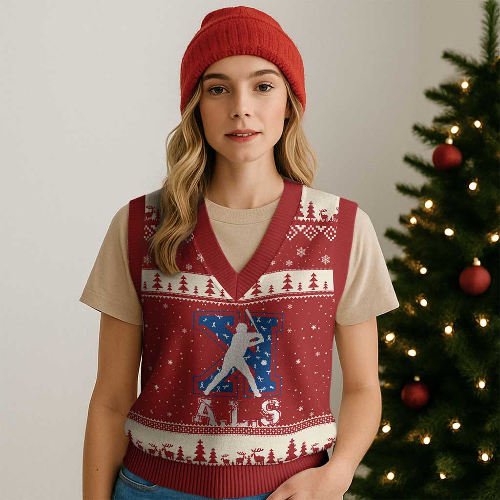 ALS Awareness V-Neck Knit Sweater Vest Baseball Strike Out ALS Support TS10 Red Beige Print Your Wear
