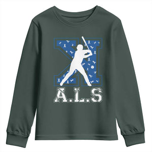 ALS Awareness Youth Sweatshirt Baseball Strike Out ALS Support TS10 Dark Forest Green Print Your Wear