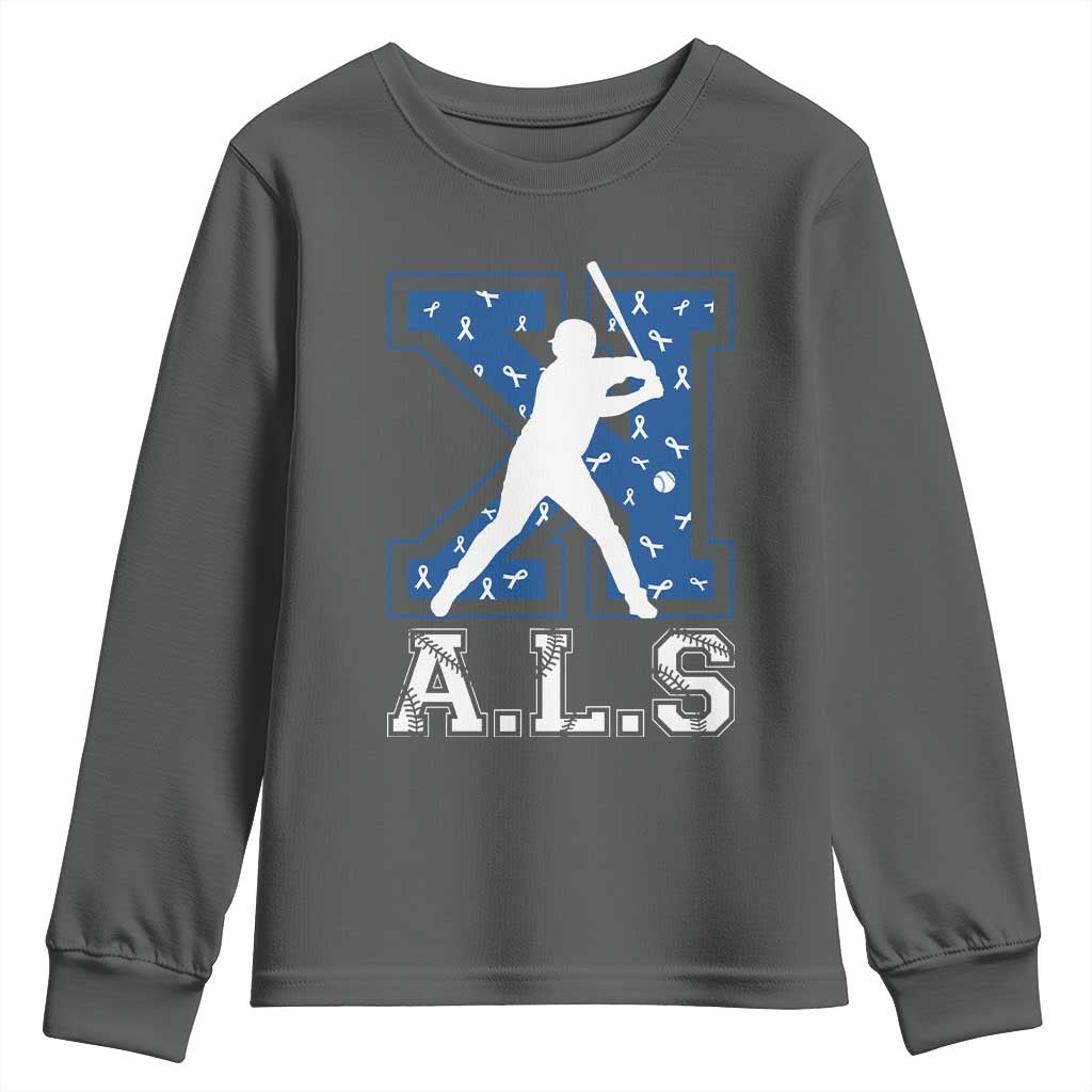 ALS Awareness Youth Sweatshirt Baseball Strike Out ALS Support TS10 Dark Heather Print Your Wear