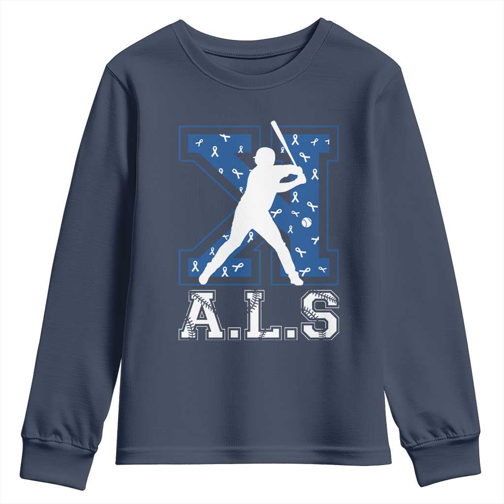 ALS Awareness Youth Sweatshirt Baseball Strike Out ALS Support TS10 Navy Print Your Wear