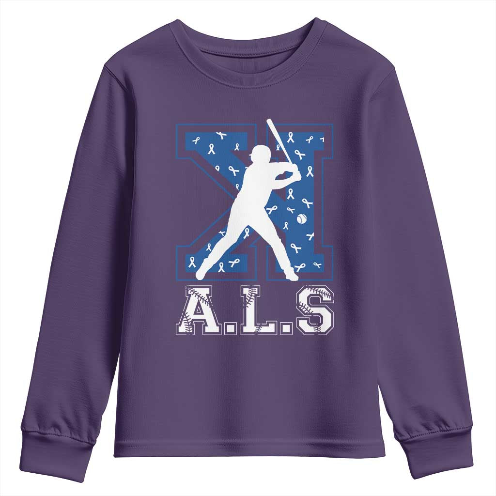 ALS Awareness Youth Sweatshirt Baseball Strike Out ALS Support TS10 Purple Print Your Wear