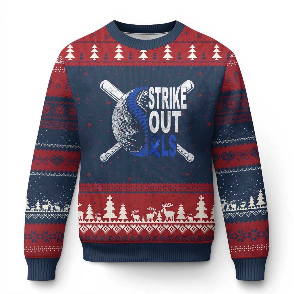 ALS Awareness Ugly Christmas Sweater Blue Ribbon Baseball Strike Out ALS Support TS10 Navy Red Print Your Wear