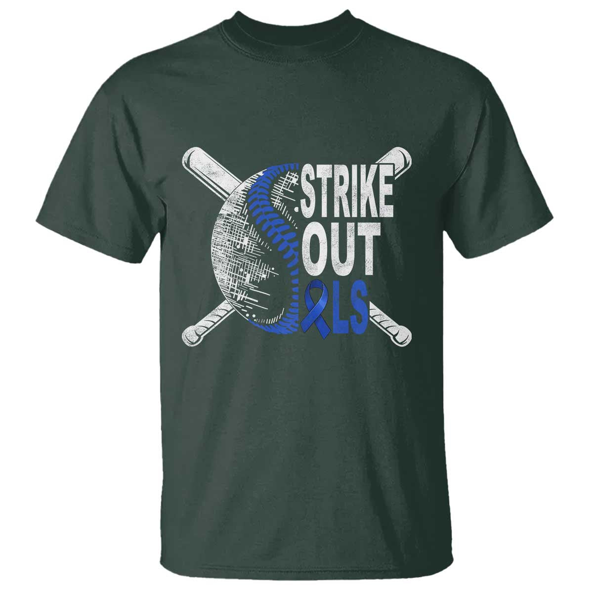 ALS Awareness T Shirt Blue Ribbon Baseball Strike Out ALS Support TS10 Dark Forest Green Print Your Wear