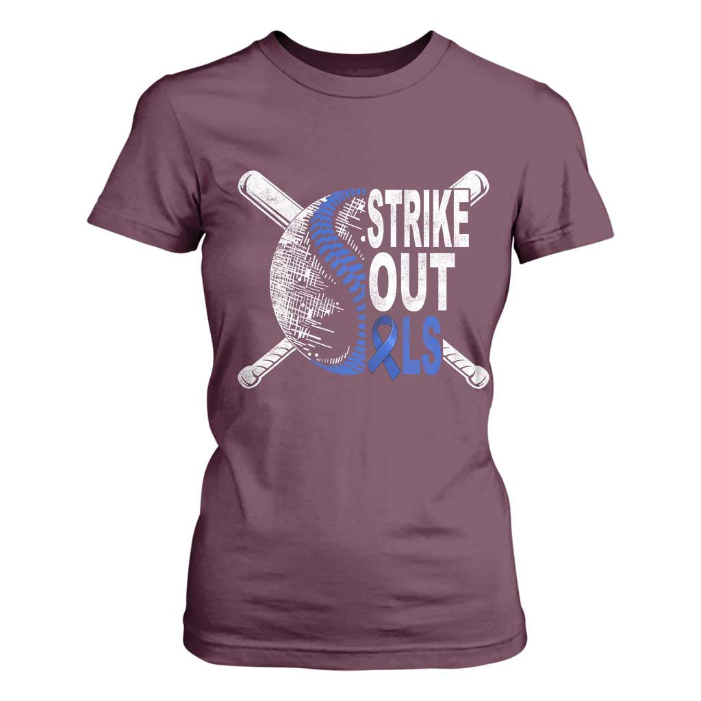 ALS Awareness T Shirt For Women Blue Ribbon Baseball Strike Out ALS Support TS10 Maroon Print Your Wear
