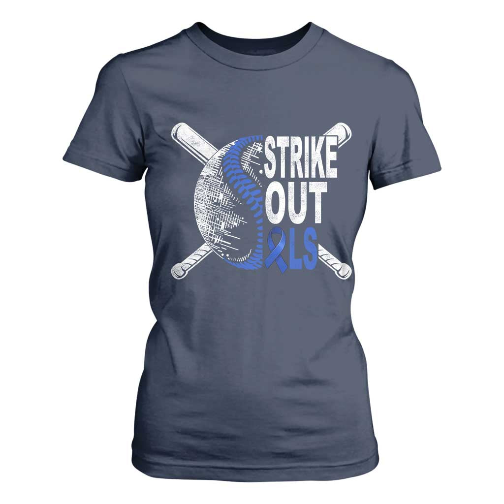 ALS Awareness T Shirt For Women Blue Ribbon Baseball Strike Out ALS Support TS10 Navy Print Your Wear
