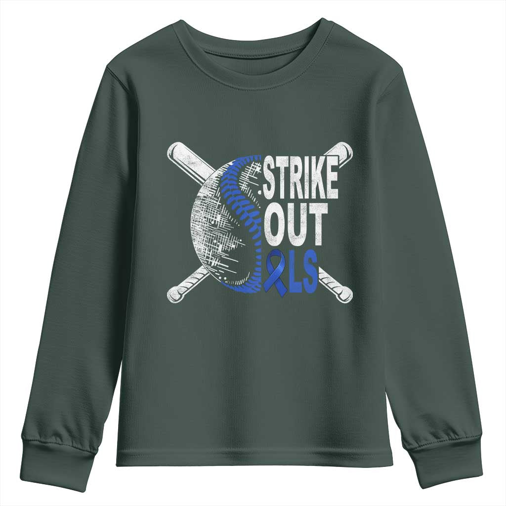 ALS Awareness Youth Sweatshirt Blue Ribbon Baseball Strike Out ALS Support TS10 Dark Forest Green Print Your Wear