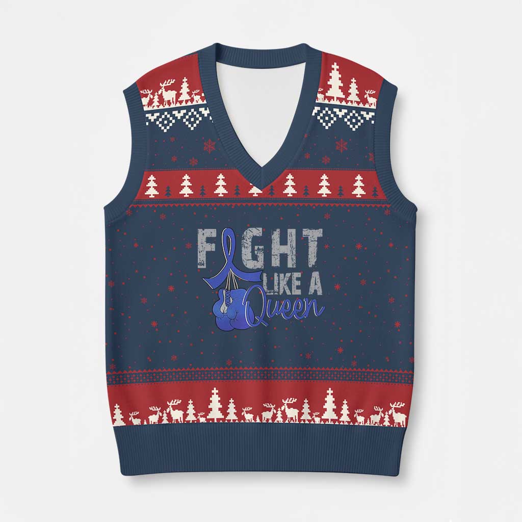 Fight Like A Queen V-Neck Knit Sweater Vest Blue Ribbon Colon Cancer Awareness TS10 Navy Red Print Your Wear