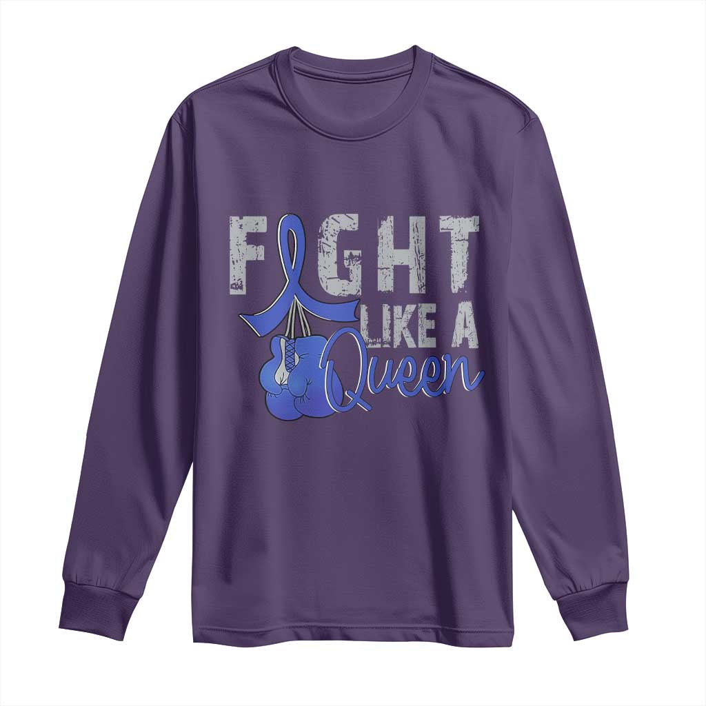 Fight Like A Queen Long Sleeve Shirt Blue Ribbon Colon Cancer Awareness TS10 Purple Print Your Wear