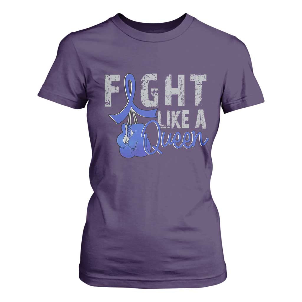 Fight Like A Queen T Shirt For Women Blue Ribbon Colon Cancer Awareness TS10 Purple Print Your Wear