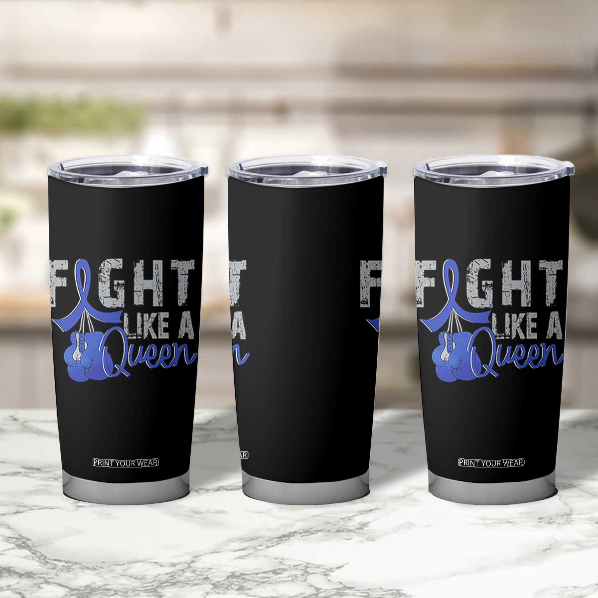 Fight Like A Queen Tumbler Cup Blue Ribbon Colon Cancer Awareness TS10 Print Your Wear