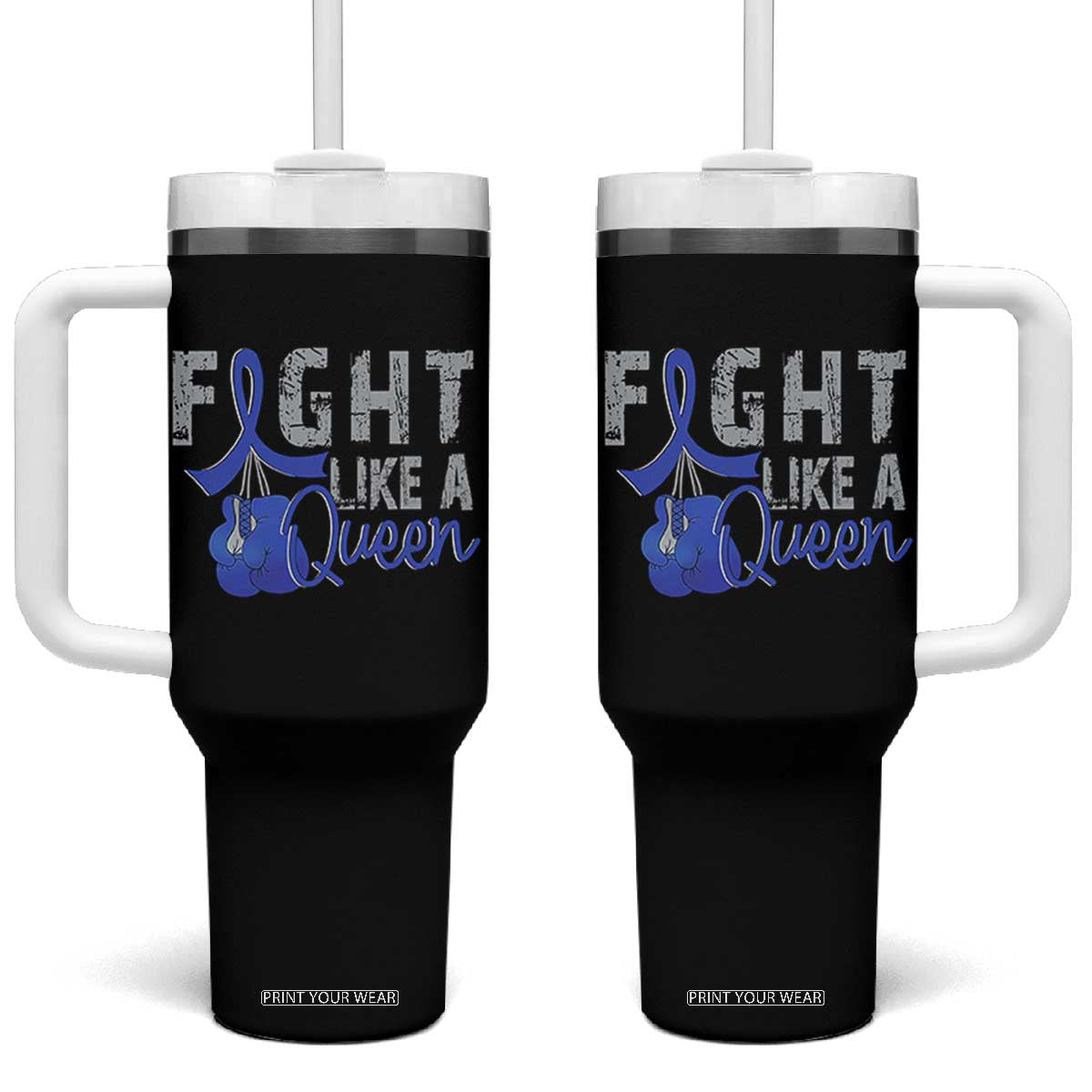 Fight Like A Queen Tumbler With Handle Blue Ribbon Colon Cancer Awareness TS10 One Size: 40 oz Black Print Your Wear