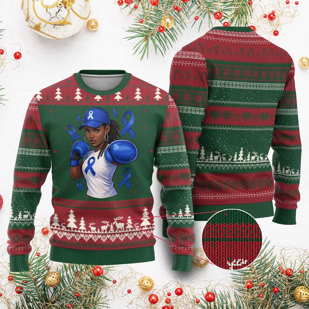 Black Women Fight Colon Cancer Blue Ribbon Ugly Christmas Sweater African American Girls TS10 Red Green Print Your Wear