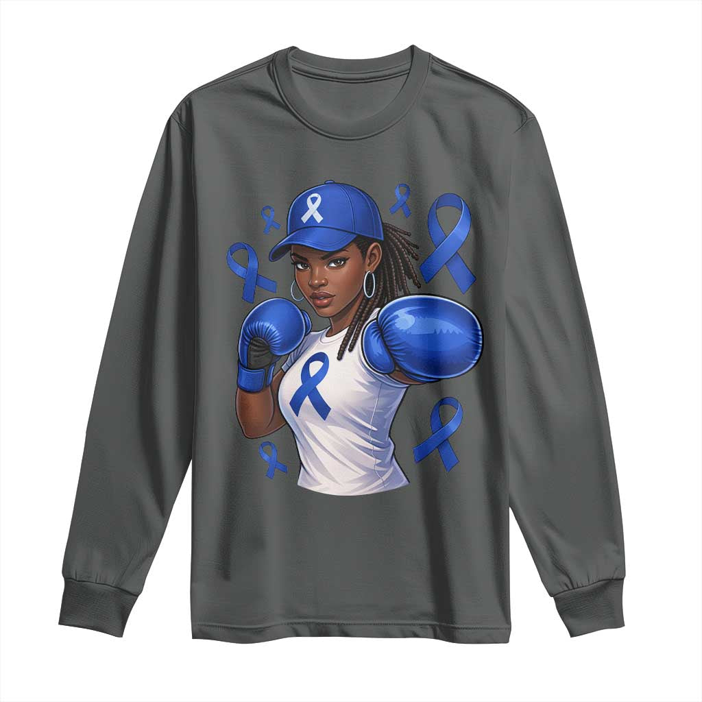 Black Women Fight Colon Cancer Blue Ribbon Long Sleeve Shirt African American Girls TS10 Dark Heather Print Your Wear