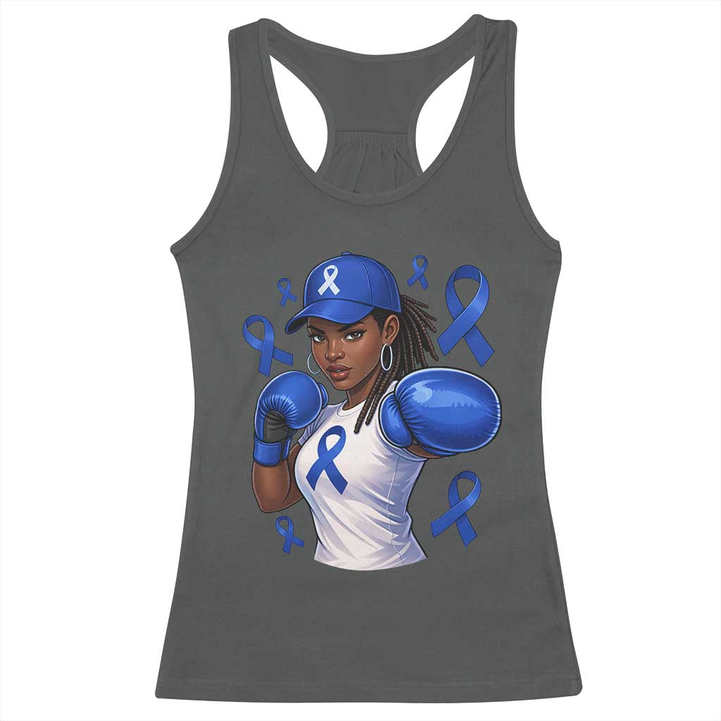 Black Women Fight Colon Cancer Blue Ribbon Racerback Tank Top African American Girls TS10 Dark Heather Print Your Wear