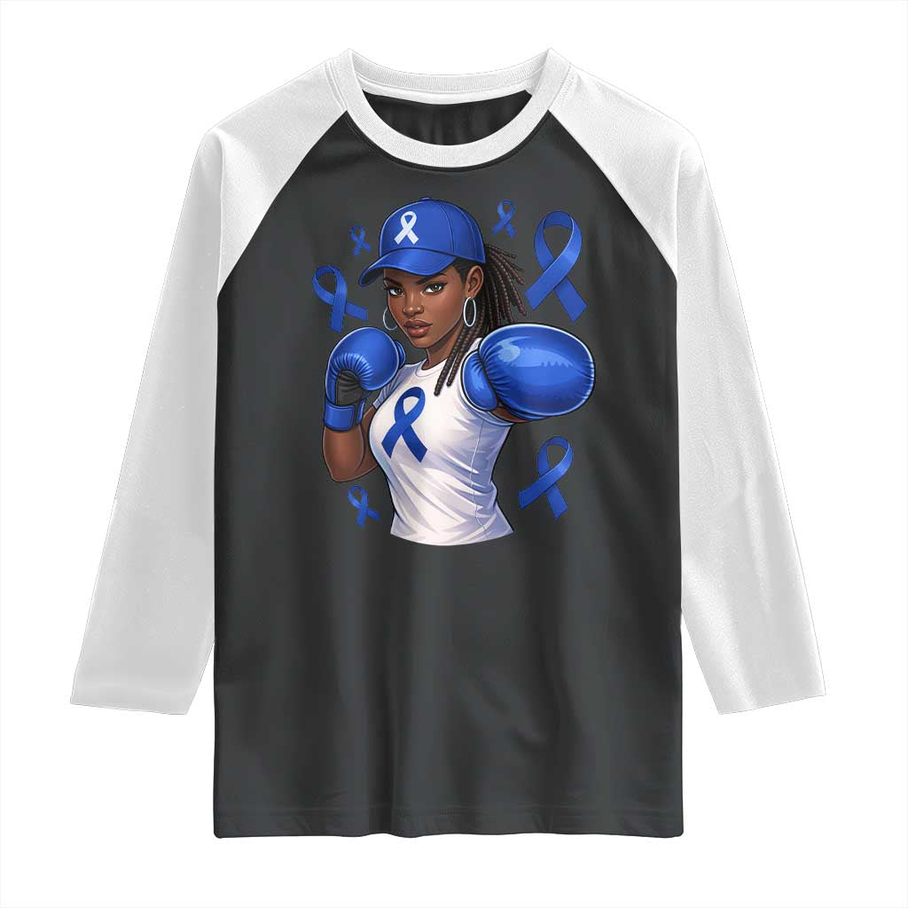 Black Women Fight Colon Cancer Blue Ribbon Raglan Shirt African American Girls TS10 Black White Print Your Wear