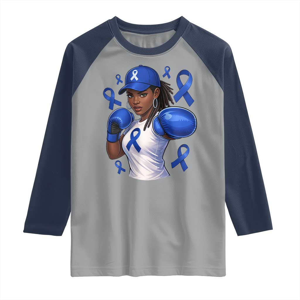 Black Women Fight Colon Cancer Blue Ribbon Raglan Shirt African American Girls TS10 Sport Gray Navy Print Your Wear