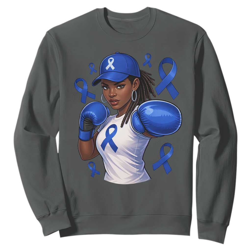 Black Women Fight Colon Cancer Blue Ribbon Sweatshirt African American Girls TS10 Dark Heather Print Your Wear