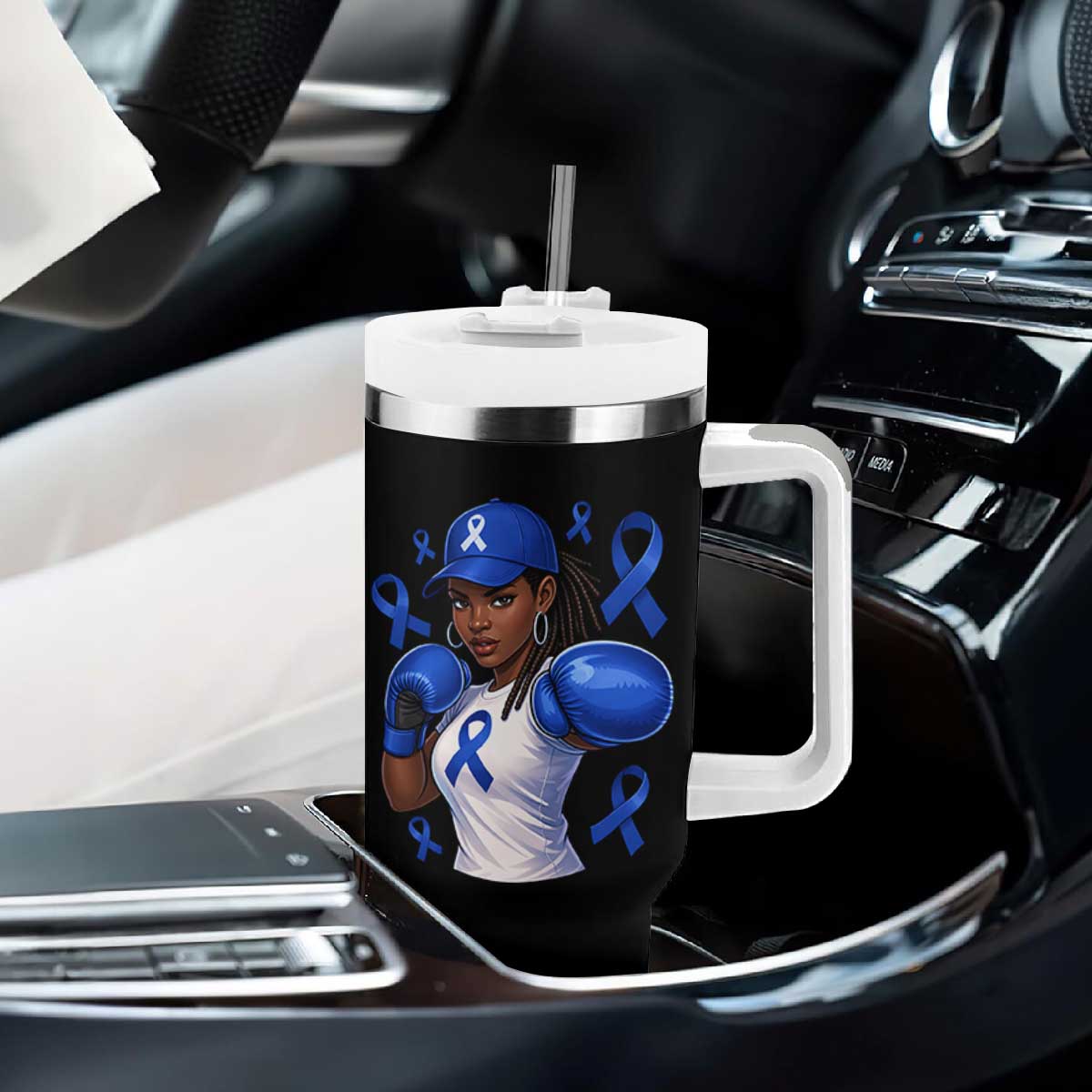 Black Women Fight Colon Cancer Blue Ribbon Tumbler With Handle African American Girls TS10 Print Your Wear