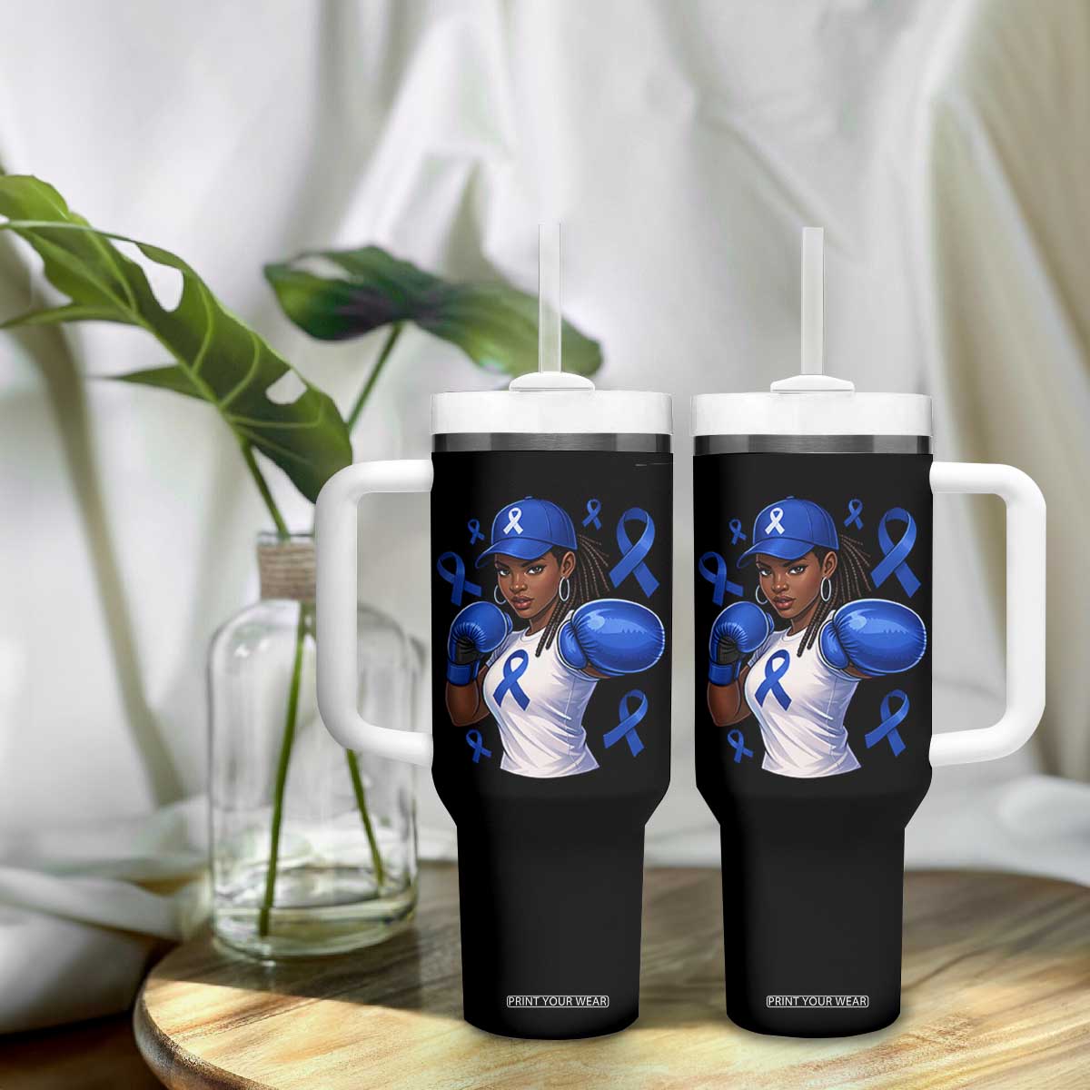 Black Women Fight Colon Cancer Blue Ribbon Tumbler With Handle African American Girls TS10 Print Your Wear