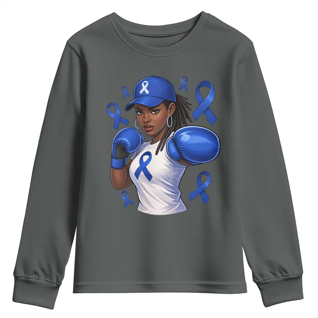 Black Women Fight Colon Cancer Blue Ribbon Youth Sweatshirt African American Girls TS10 Dark Heather Print Your Wear