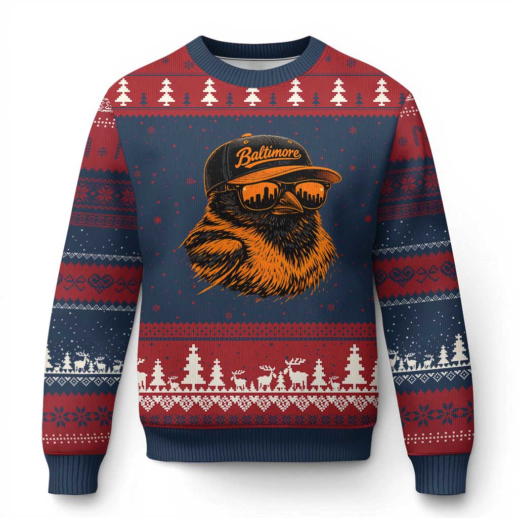 Retro Baltimore Ugly Christmas Sweater City Pride Oriole With Sunglasses TS10 Navy Red Print Your Wear