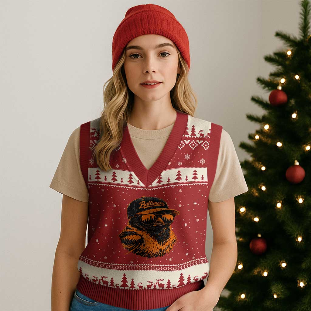 Retro Baltimore V-Neck Knit Sweater Vest City Pride Oriole With Sunglasses TS10 Red Beige Print Your Wear