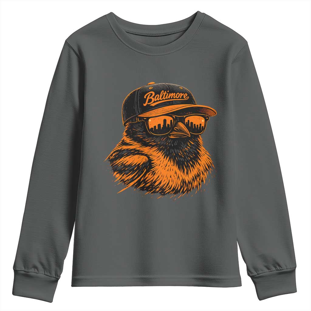 Retro Baltimore Youth Sweatshirt City Pride Oriole With Sunglasses TS10 Dark Heather Print Your Wear