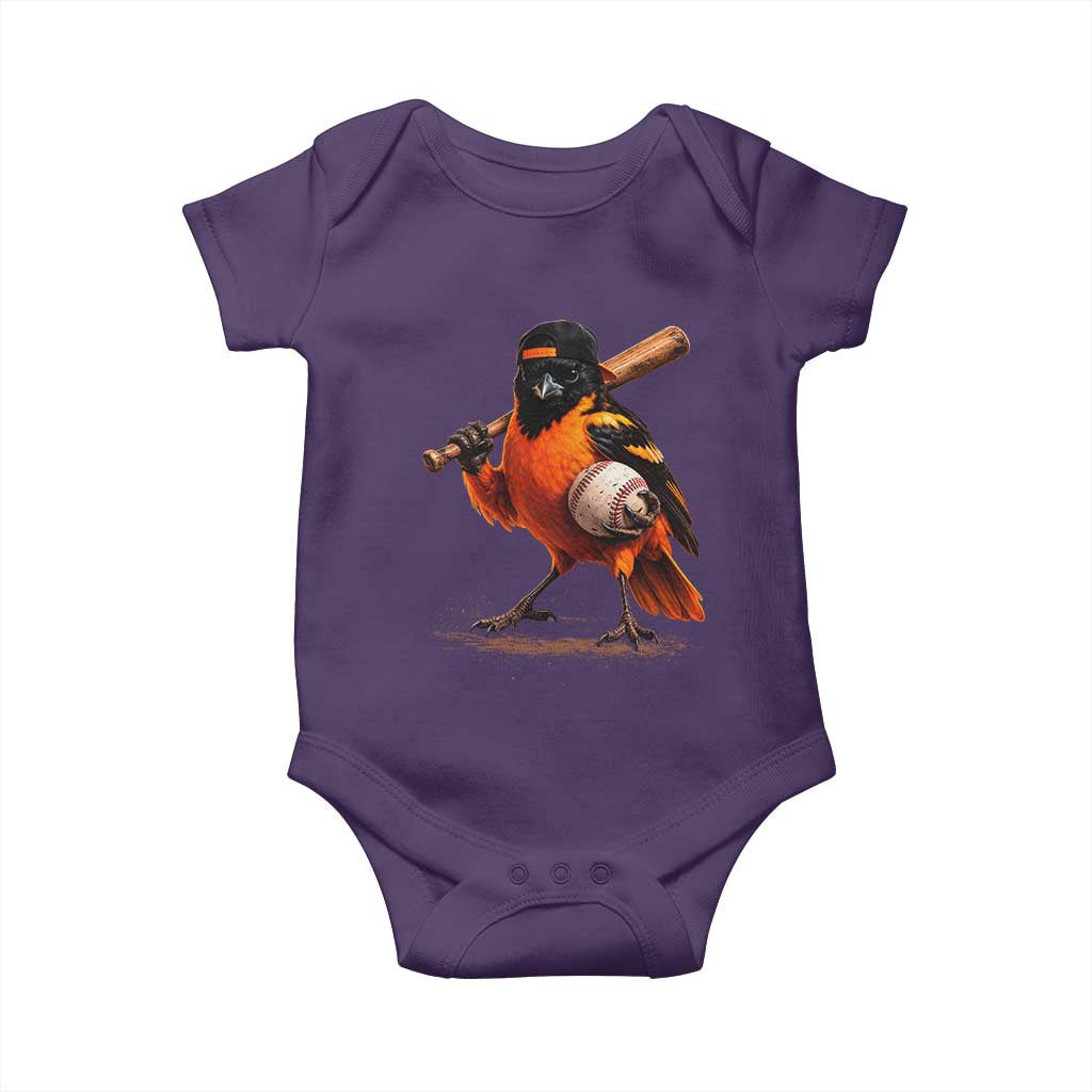 Oriole Baseball Player Baby Onesie Retro Funny Bird Mascot Baseball Fans TS10 Purple Print Your Wear