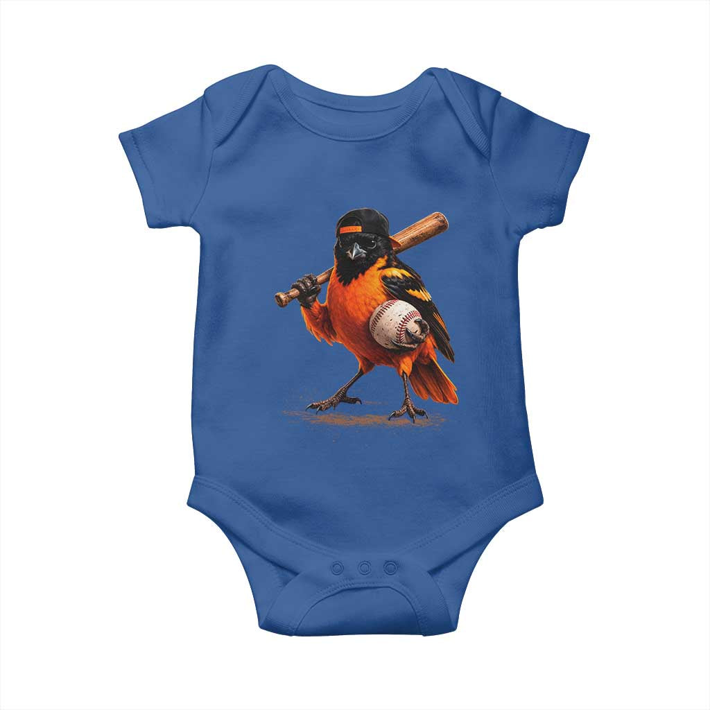 Oriole Baseball Player Baby Onesie Retro Funny Bird Mascot Baseball Fans TS10 Royal Blue Print Your Wear