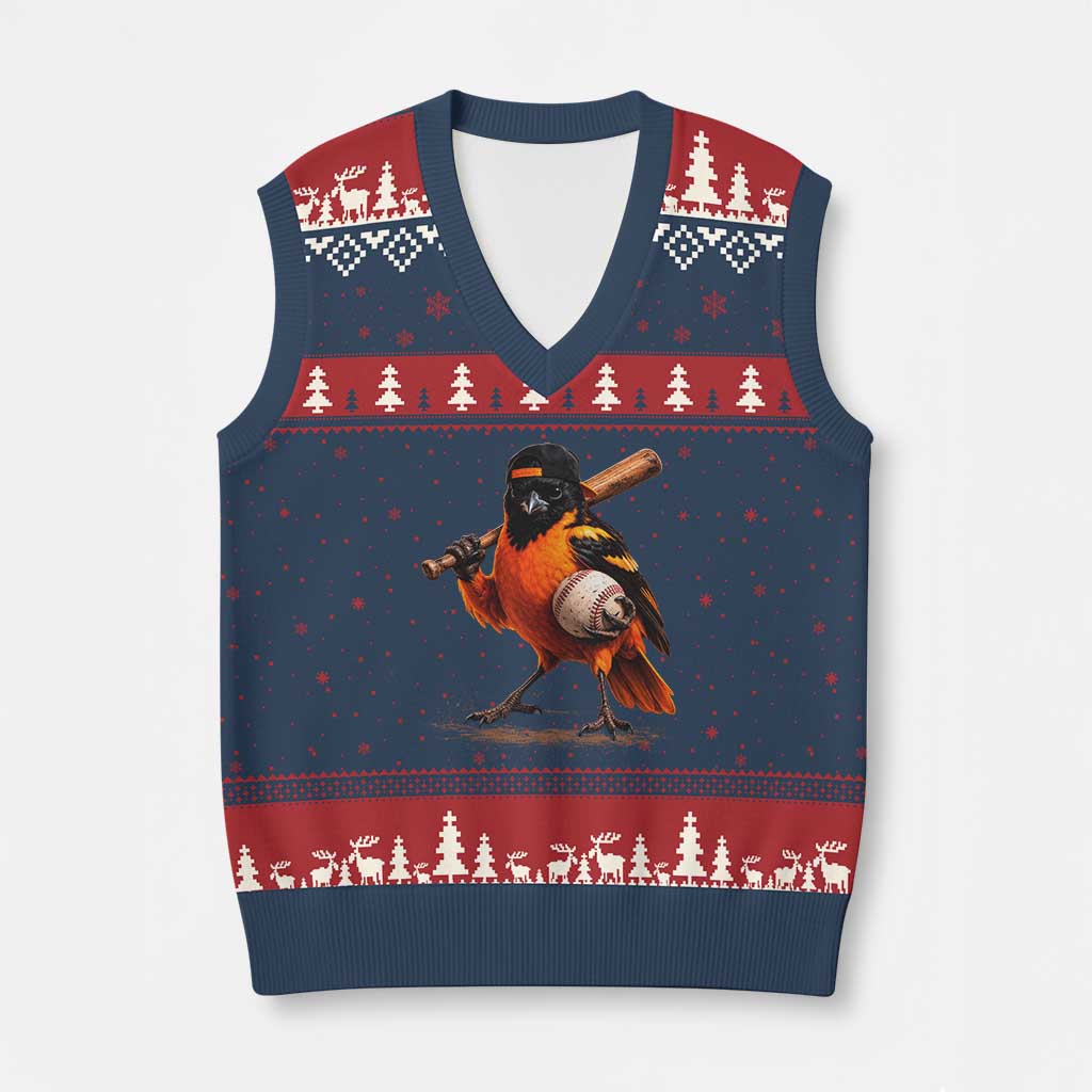 Oriole Baseball Player V-Neck Knit Sweater Vest Retro Funny Bird Mascot Baseball Fans TS10 Navy Red Print Your Wear